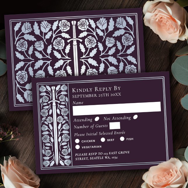 Silver Eggplant Mediaeval Sword Wedding RSVP Card (Creator Uploaded)