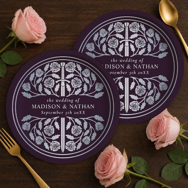 Silver Eggplant Royal Mediaeval Sword Wedding  Paper Plate (Creator Uploaded)