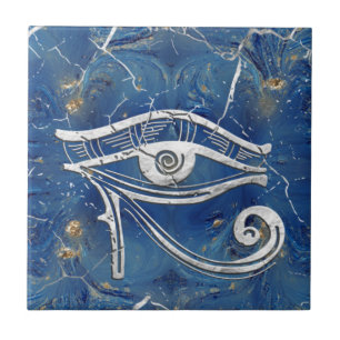 Silver Egyptian Eye of Horus  on blue marble Ceramic Tile