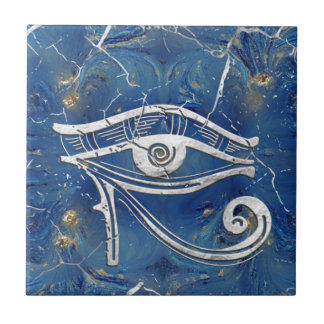 Silver Egyptian Eye of Horus  on blue marble Ceramic Tile