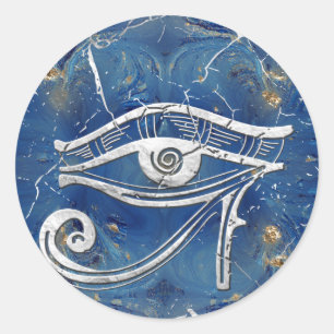 Silver Egyptian Eye of Horus  on blue marble Classic Round Sticker