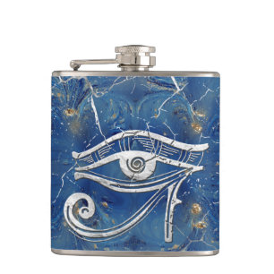 Silver Egyptian Eye of Horus on blue marble Hip Flask