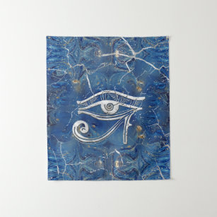 Silver Egyptian Eye of Horus  on blue marble Tapestry