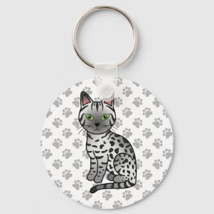 Silver Egyptian Mau Cute Cartoon Cat Illustration Key Ring