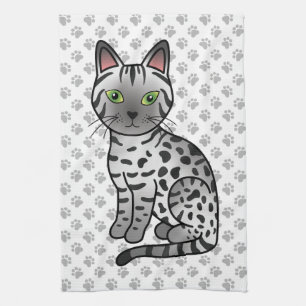 Silver Egyptian Mau Cute Cartoon Cat Illustration Tea Towel