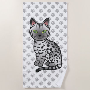 Silver Egyptian Mau Cute Cartoon Cat & Paws Beach Towel