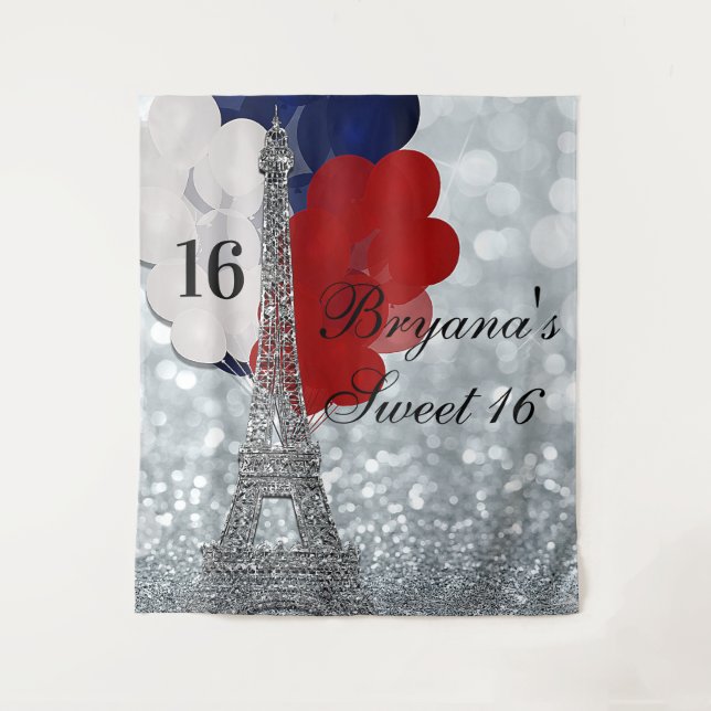 Silver Eiffel Tower Balloons Party Backdrop Tapestry (Front)