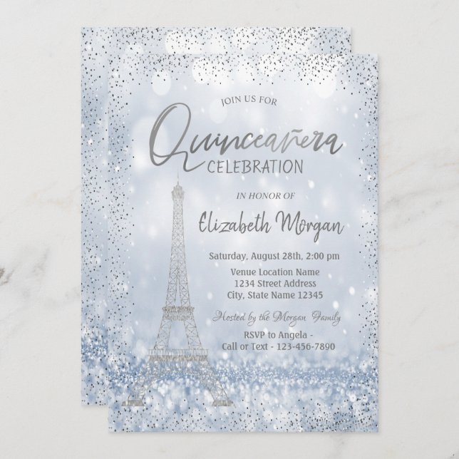 Silver Eiffel Tower Confetti Bokeh Quinceañera Invitation (Front/Back)