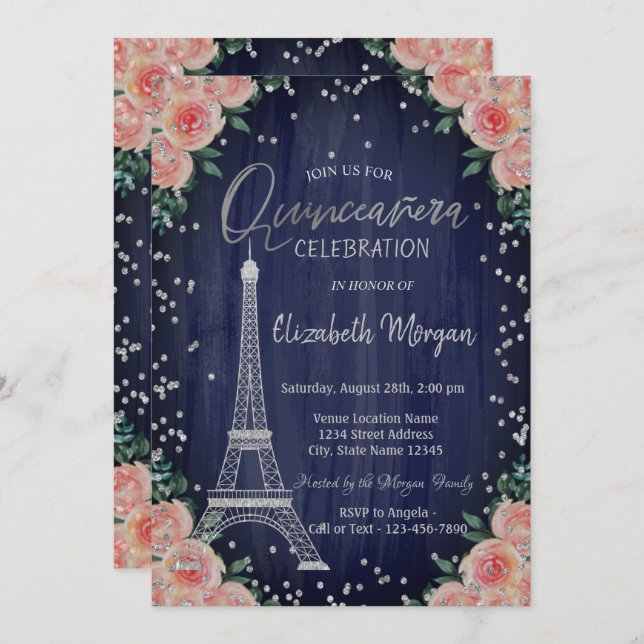 Silver Eiffel Tower Diamonds Flowers Quinceañera  Invitation (Front/Back)