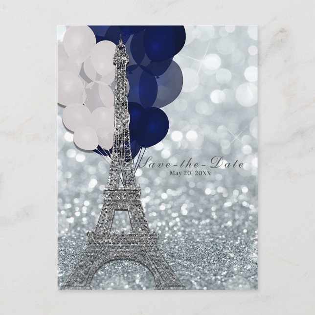 Silver Eiffel Tower Navy Balloons Save the Date Announcement Postcard (Front)