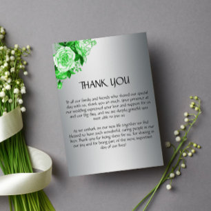 Silver Elegance and Green Roses Wedding Thank You Card