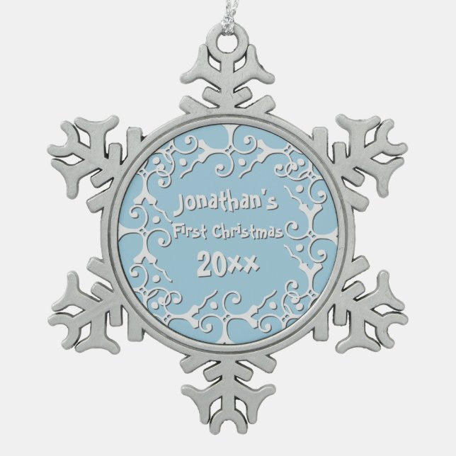 Silver Elegance Personalised First Christmas Snowflake Pewter Christmas Ornament (Front)