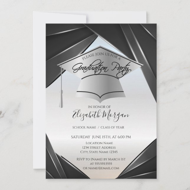 Silver Elegant Grad Cap Graduation Invitation (Front)
