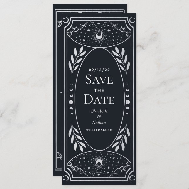 Silver Elegant Mystical Tarot Card Save the Date (Front/Back)