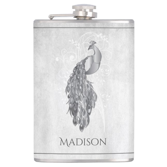 Silver Elegant Peacock Flask (Front)
