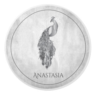 Silver Elegant Peacock Personalised Ceramic Knob