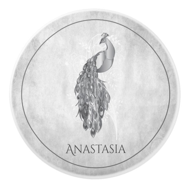 Silver Elegant Peacock Personalised Ceramic Knob (Front)