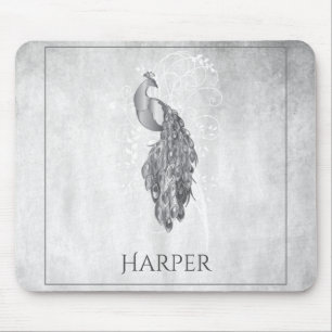 Silver Elegant Peacock Personalised Mouse Pad