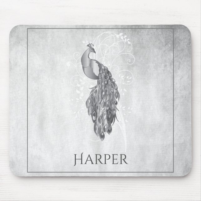 Silver Elegant Peacock Personalised Mouse Pad (Front)