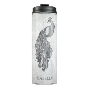Silver Elegant Peacock Personalized Thermal Tumbler