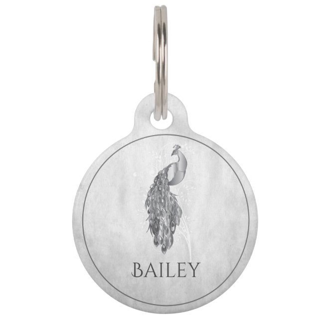 Silver Elegant Peacock Round Pet Tag (Front)
