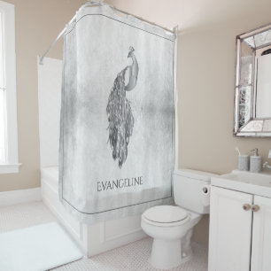 Silver Elegant Peacock Shower Curtain