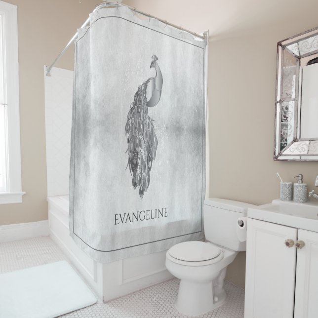 Silver Elegant Peacock Shower Curtain (In Situ)