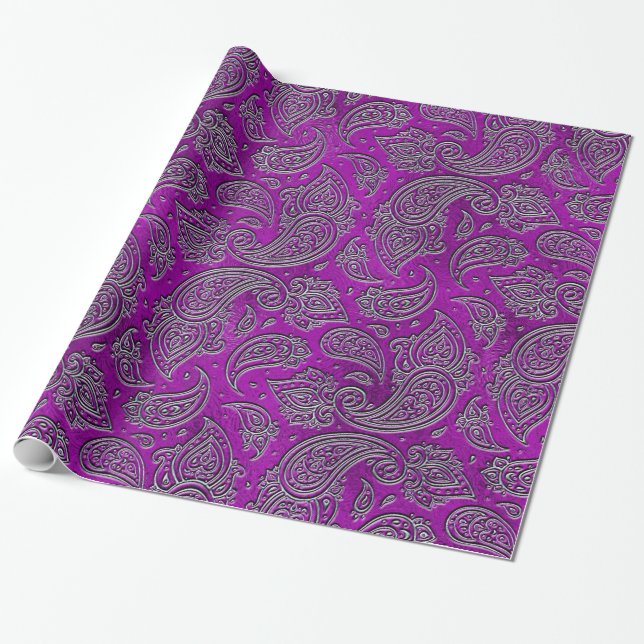 Silver embossed Paisley pattern on purple glass Wrapping Paper (Unrolled)