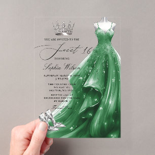 Silver Emerald Dress Princess Sweet 16 Acrylic Invitations