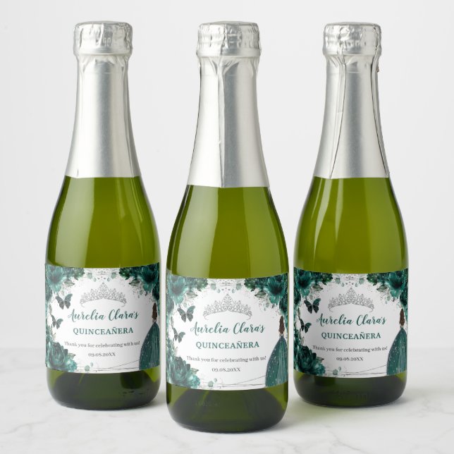 Silver Emerald Floral Quinceañera Birthday Favour Sparkling Wine Label (Bottles)