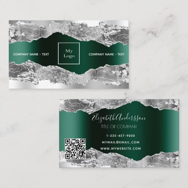 Silver emerald green agate marble logo QR code Business Card (Front/Back)