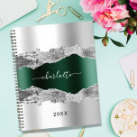 Silver emerald green agate marble name script 2025 planner<br><div class="desc">Faux silver and emerald green agate,  marble stone print as background Personalise and add your name. The name is written with a modern hand lettered style script.</div>