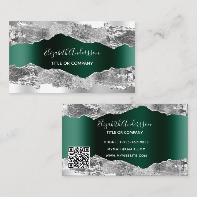 Silver emerald green agate marble QR code Business Card (Front/Back)