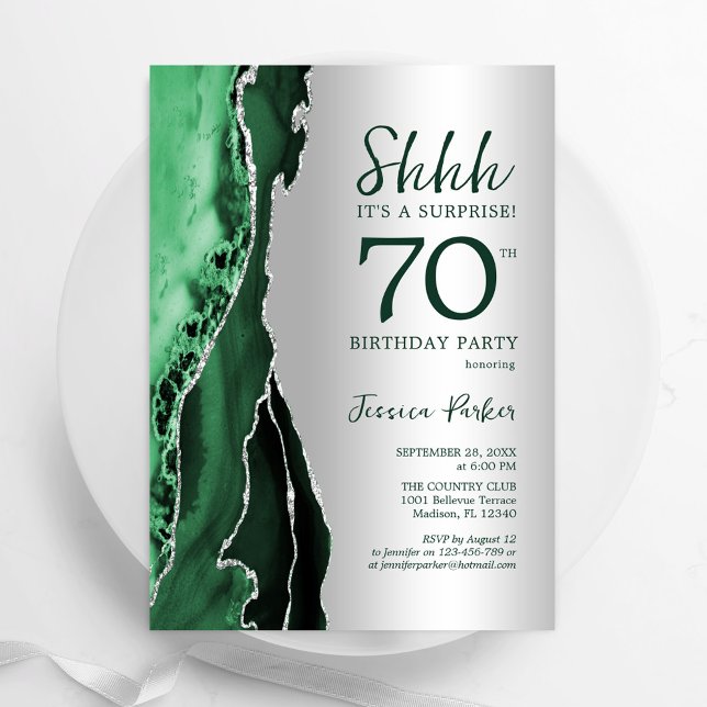 Silver Emerald Green Agate Surprise 70th Birthday Invitation (Creator Uploaded)