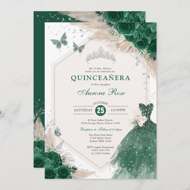 Silver Emerald Green Boho Roses Quinceañera Party Invitation (Front/Back)