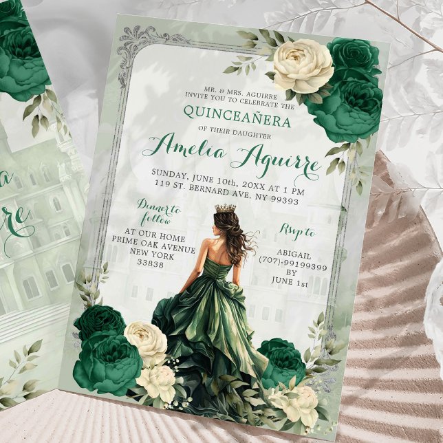 Silver Emerald Green Castle Princess Quinceañera Invitation (Creator Uploaded)