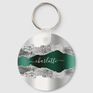 Silver emerald green metal agate marble name  key ring