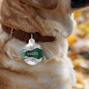 Silver emerald green metal agate marble name pet tag