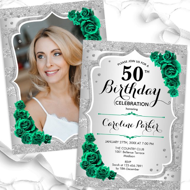Silver Emerald Green Photo 50th Birthday Invitation (Creator Uploaded)