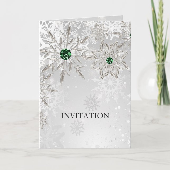silver emerald green snowflake wedding invitation (Front)