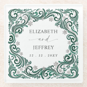 Silver Emerald Green Snowflakes Winter Wedding Glass Coaster