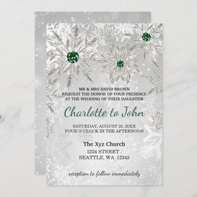 silver emerald green snowflakes winter wedding invitation (Front/Back)