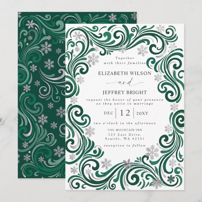 Silver Emerald Green Snowflakes Winter Wedding Invitation (Front/Back)