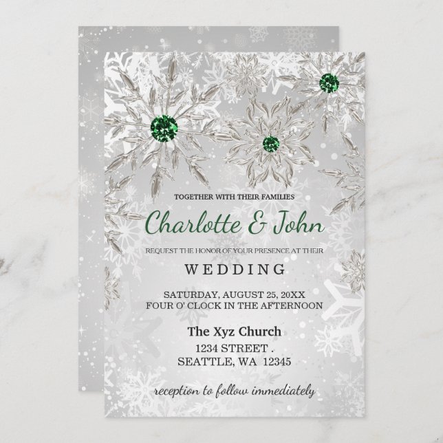 Silver Emerald Green snowflakes Winter Wedding Invitation (Front/Back)