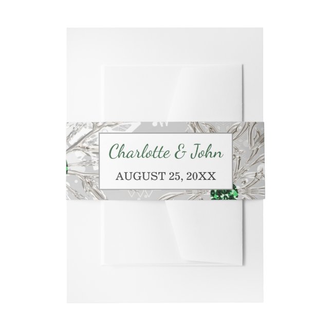 silver emerald green snowflakes winter Wedding  Invitation Belly Band (Front Example)