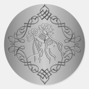 Silver Engraved Look Wedding Classic Round Sticker