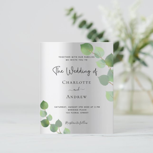 Silver eucalyptus budget wedding invitation (Standing Front)