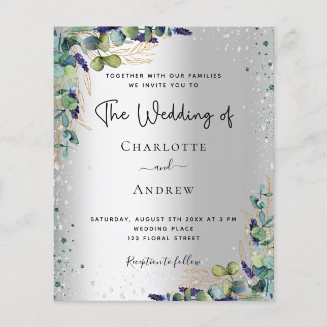 Silver eucalyptus budget wedding invitation flyer (Front)