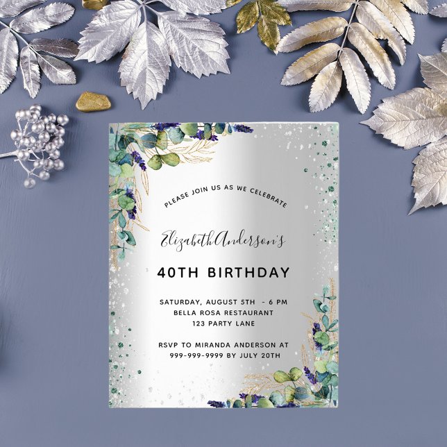 Silver eucalyptus buget birthday invitation flyer (Creator Uploaded)