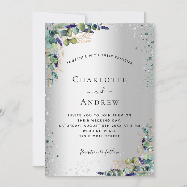 Silver eucalyptus greenery sparkle wedding  invitation (Front)